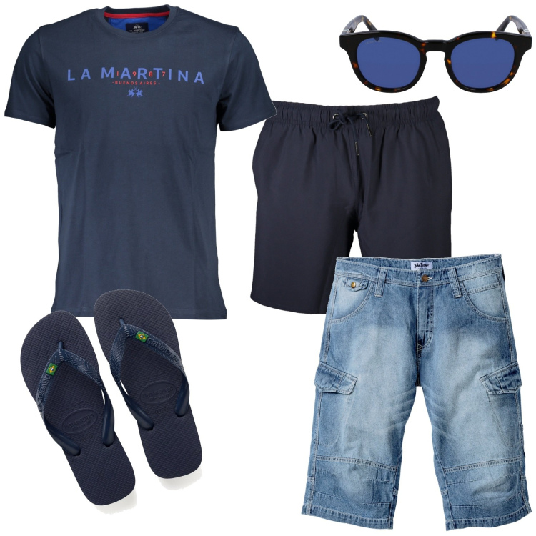 Outfit uomo - Mare in blu. Stile Casual per Tutti i giorni. Abbinamento con bermuda, sandali, occhiali da sole, t-shirt, costumi.