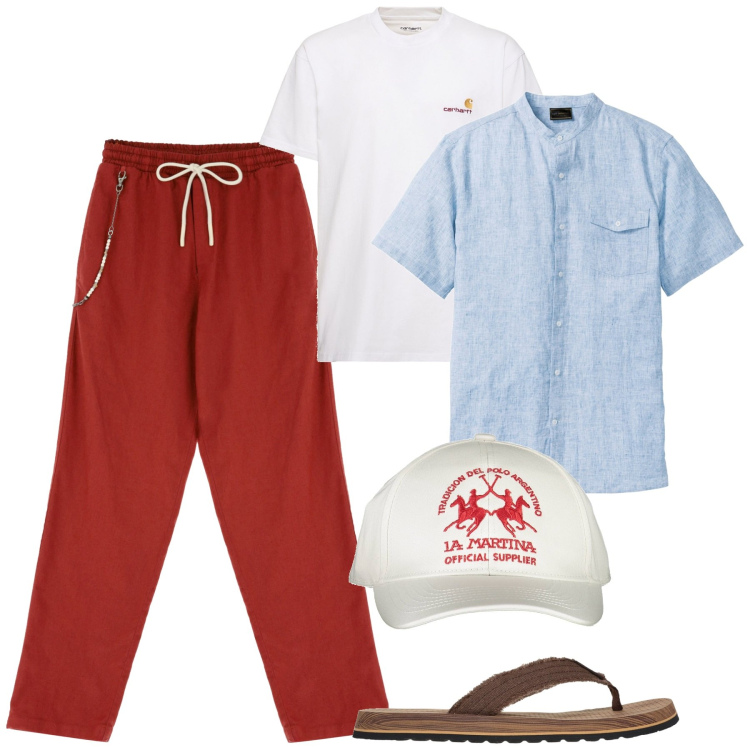 Outfit uomo - Summer vibes. Stile Trendy per Tutti i giorni. Abbinamento con camicie a manica corta, pantaloni, cappelli con visiera, t-shirt, sandali.