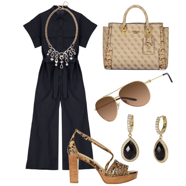 Outfit donna - La tuta nera, ma il resto brilla !. Stile Casual chic per Tutti i giorni. Abbinamento con orecchini, tute, occhiali da sole, collane, sandali in pelle, collane.