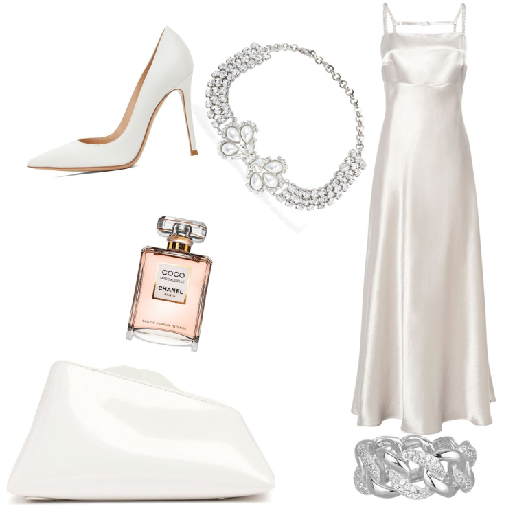 Outfit donna - La notte degli Oscar. Stile Chic per Cerimonia. Abbinamento con profumi, anelli, vestiti midi/longuette, collane, pochette, décolleté.