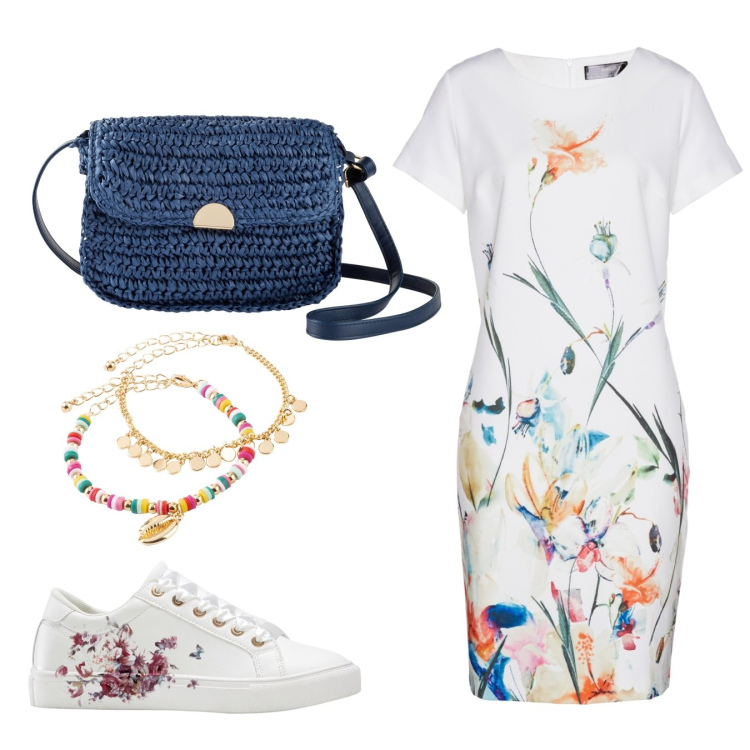 Outfit donna - Bon prix con stile. Stile Romantica per Tutti i giorni. Abbinamento con sneakers, vestiti a tubino, borse a tracolla, braccialetti con ciondoli.