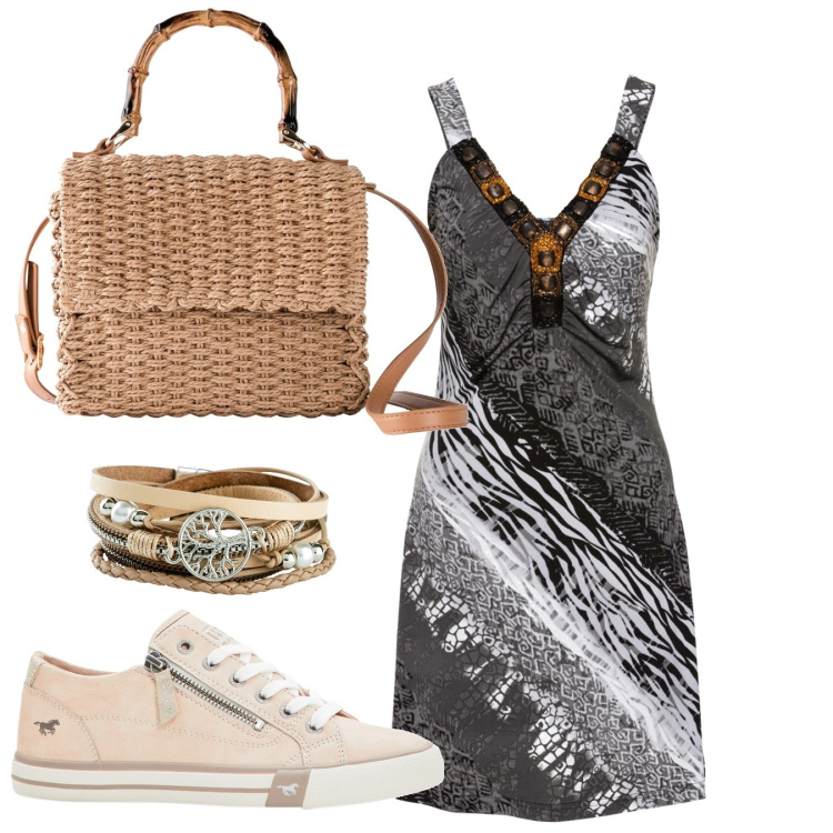 Outfit donna - Bon prix con stile. Stile Etnico per Tutti i giorni. Abbinamento con braccialetti, vestiti, borse a mano, sneakers.