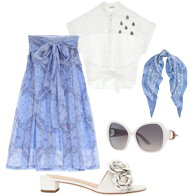 Outfit donna - Leggera, fresca e romantica. Stile Romantica per Tutti i giorni. Abbinamento con gonne lunghe, camicie a manica corta, occhiali da sole, sandali in pelle, foulard.
