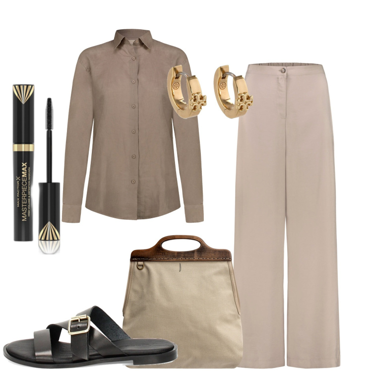 Outfit donna - Business. Stile Minimal per Tutti i giorni. Abbinamento con mascara, ciabatte, borse a tracolla, pantaloni, orecchini, camicie.