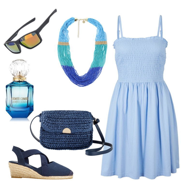 Outfit donna - A spasso. Stile Basic per Tutti i giorni. Abbinamento con vestiti, sandali col tacco, borse a tracolla, profumi, collane, occhiali da sole.