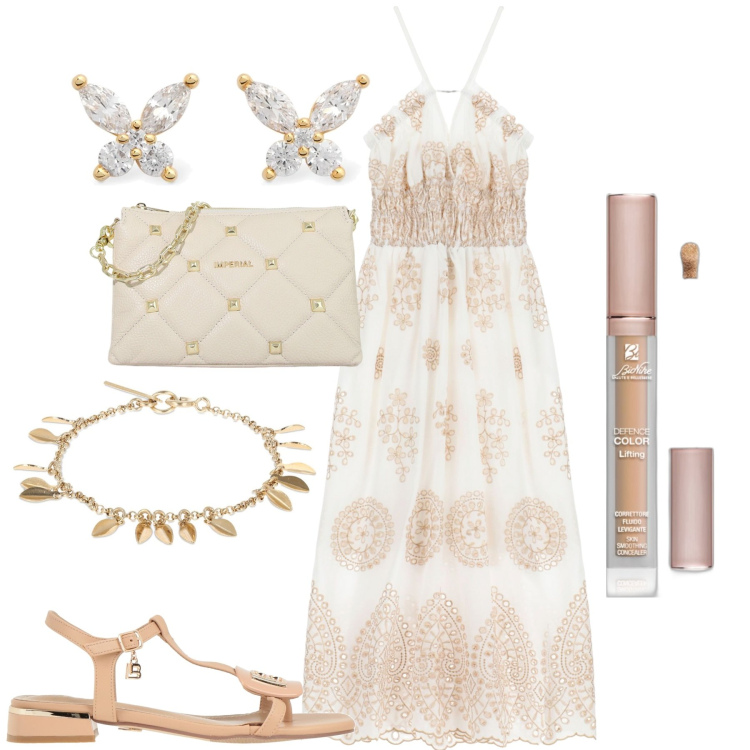 Outfit donna - Passeggiata serale. Stile Romantica per Serata fuori. Abbinamento con sandali, correttori, vestiti lunghi, pochette, orecchini, braccialetti.