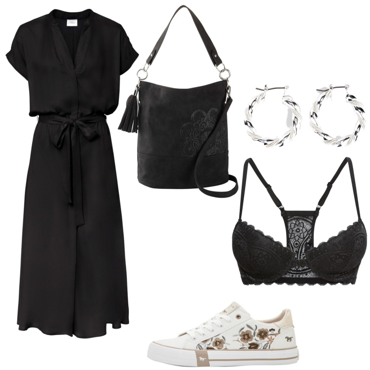 Outfit donna - Bonprix con stile. Stile Casual per Tutti i giorni. Abbinamento con vestiti chemisier, borse a mano, orecchini, reggiseni, sneakers.