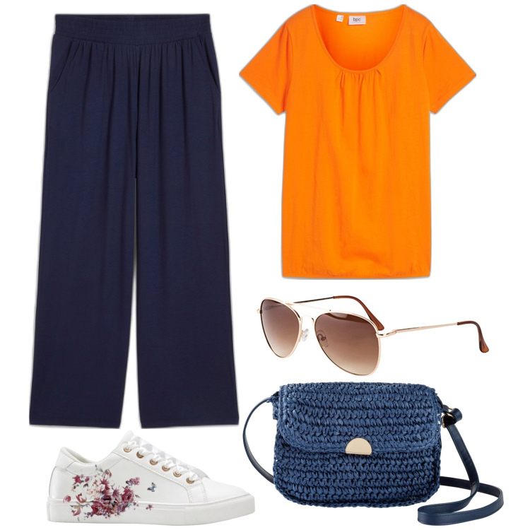 Outfit donna - Bonprix con stile. Stile Basic per Ufficio. Abbinamento con pantaloni, t-shirt, sneakers, occhiali da sole, borse a tracolla.