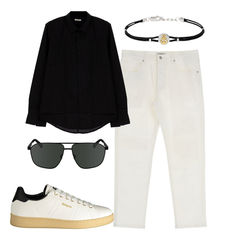 Outfit uomo - Black and white. Stile Trendy per Serata speciale. Abbinamento con braccialetti, camicie, pantaloni, sneakers, occhiali da sole.