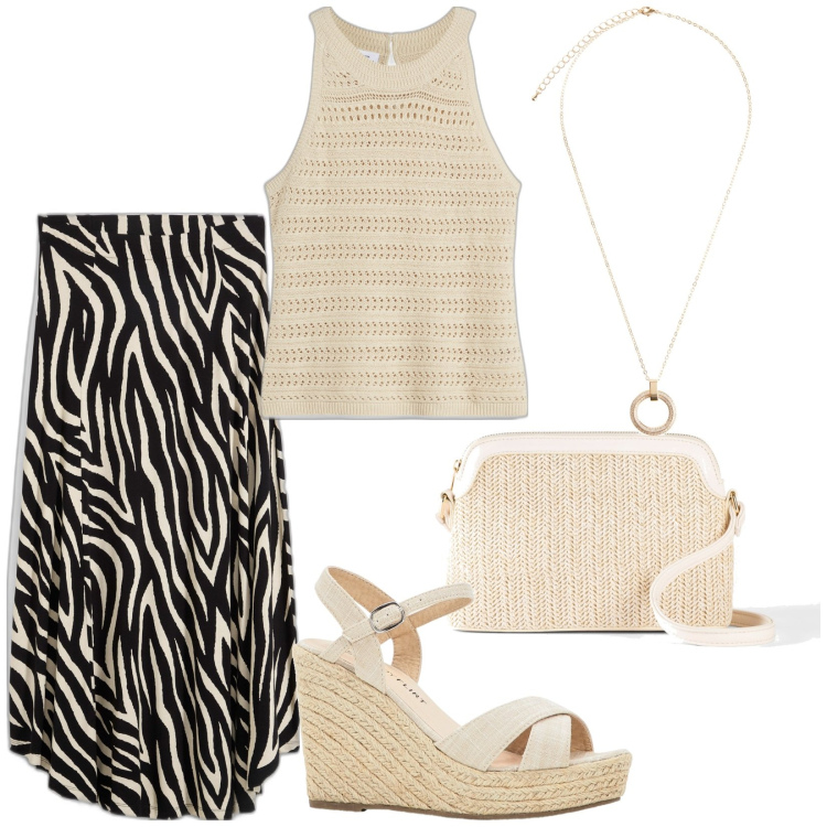 Outfit donna - Gonna zebrata. Stile Etnico per Tutti i giorni. Abbinamento con borse a tracolla, sandali, top, gonne, collane.