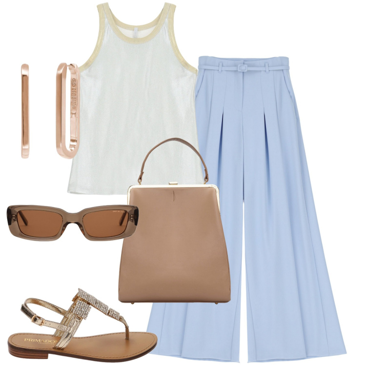 Outfit donna - City. Stile Trendy per Tutti i giorni. Abbinamento con orecchini, canottiere, pantaloni a palazzo, ciabatte, borse a spalla, occhiali da sole.