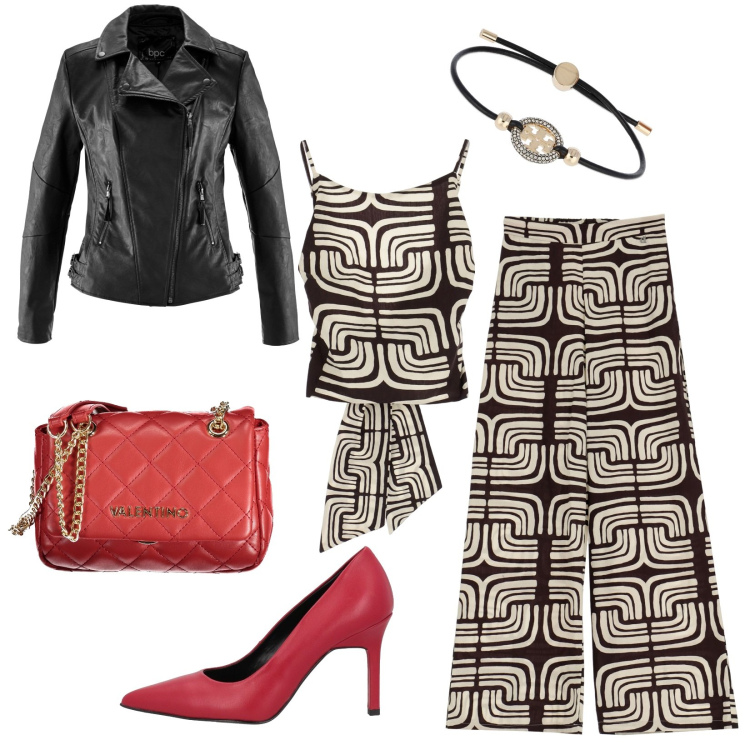 Outfit donna - Che grinta!. Stile Casual chic per Tutti i giorni. Abbinamento con blazer, décolleté, top, pantaloni a palazzo, borse a tracolla, braccialetti.
