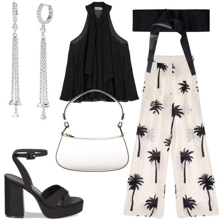 Outfit donna - Aperitivo. Stile Chic per Serata fuori. Abbinamento con orecchini, cinture, sandali col tacco, top, pantaloni a palazzo, borse a spalla.