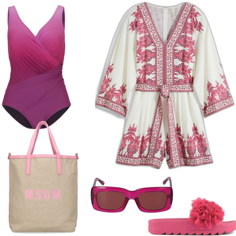 Outfit donna - Al mare. Stile Etnico per Mare. Abbinamento con tute, costumi interi, ciabatte, shopping bag, occhiali da sole.