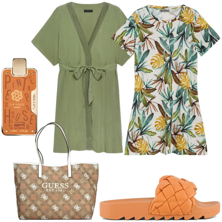 Outfit donna - Total look #1912828. Stile Casual per Mare. Abbinamento con profumi, vestiti, borse a spalla, bluse, ciabatte.