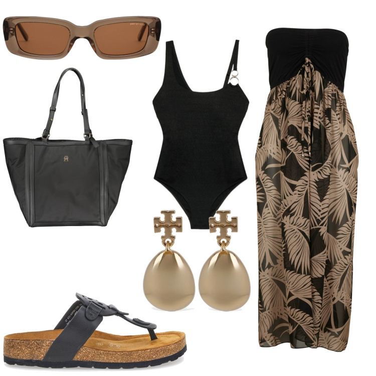 Outfit donna - Total look #1912834. Stile Casual per Mare. Abbinamento con vestiti da spiaggia, costumi interi, infradito, orecchini, borse a spalla, occhiali da sole.