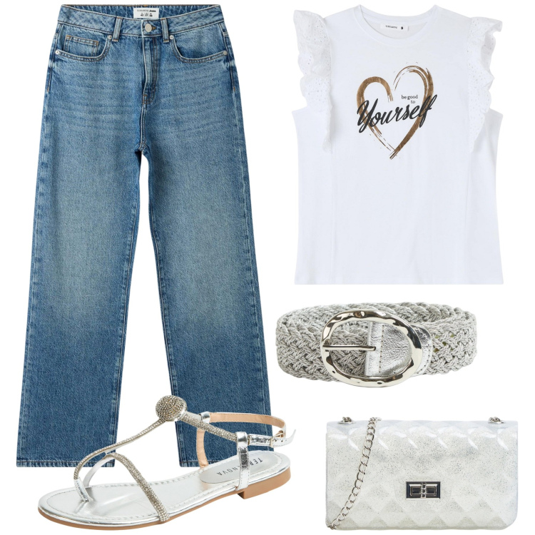 Outfit donna - Terranova saldi. Stile Casual chic per Tutti i giorni. Abbinamento con borse a tracolla, t-shirt, jeans dritti, ciabatte, cinture.