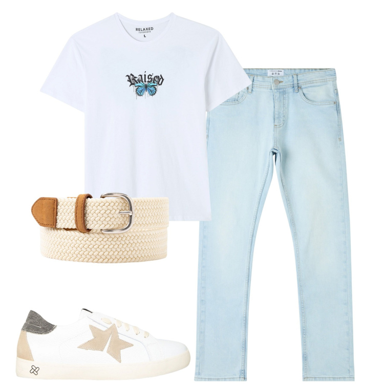 Outfit uomo - Colori chiari casual estivo. Stile Casual per Tutti i giorni. Abbinamento con jeans dritti, t-shirt, sneakers, cinture.