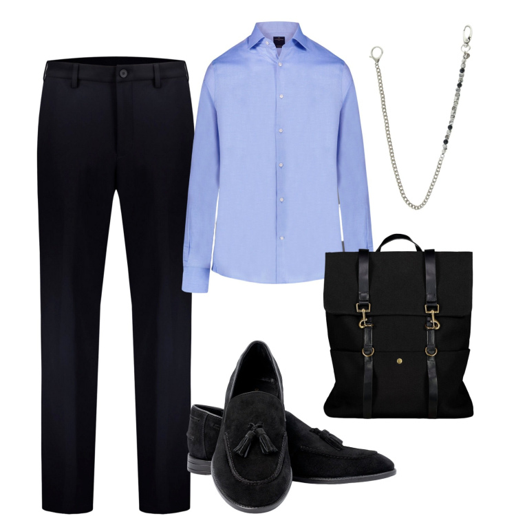 Outfit uomo - Look sartoriale old school. Stile Business/Elegante per Ufficio. Abbinamento con collane, camicie, pantaloni, scarpe stringate, borse sportive.