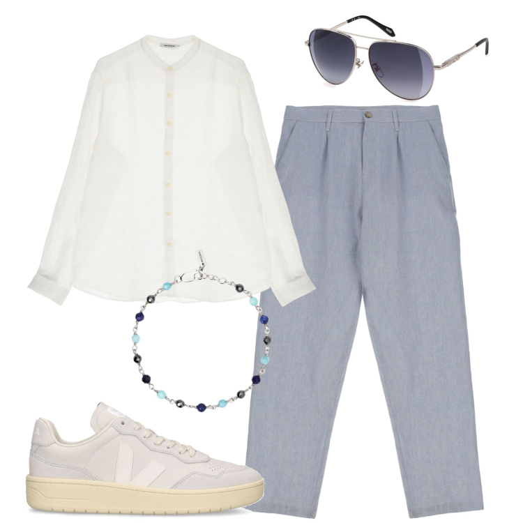 Outfit uomo - Cena romantica in spiaggia. Stile Trendy per Serata speciale. Abbinamento con braccialetti, camicie, pantaloni, occhiali da sole, sneakers.