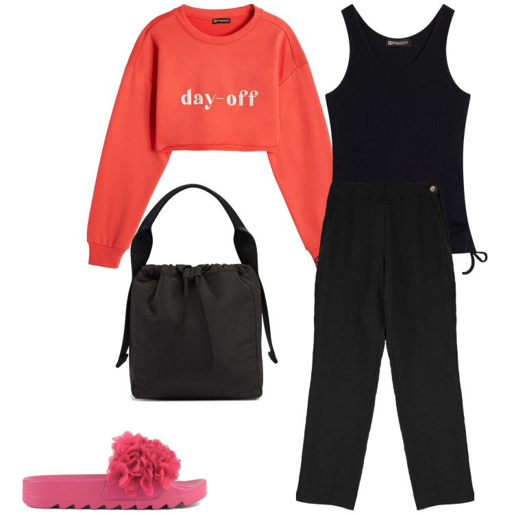Outfit donna - Veloce colazione al bar. Stile Trendy per Tutti i giorni. Abbinamento con felpe, canottiere, pantaloni, ciabatte, borse a mano.