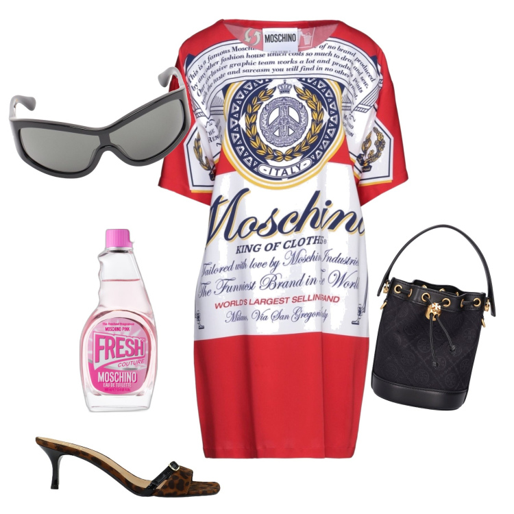 Outfit donna - I love Moschino. Stile Glamour per Serata fuori. Abbinamento con vestiti corti, profumi, sandali col tacco, borse a mano, occhiali da sole.
