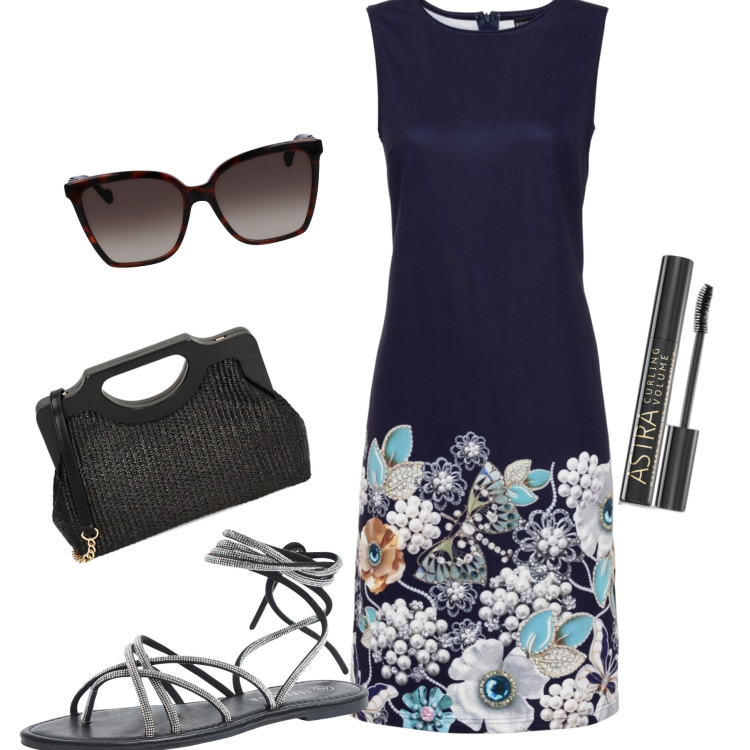 Outfit donna - In città. Stile Urban per Tutti i giorni. Abbinamento con vestiti senza maniche, mascara, sandali alla schiava, borse a mano, occhiali da sole.
