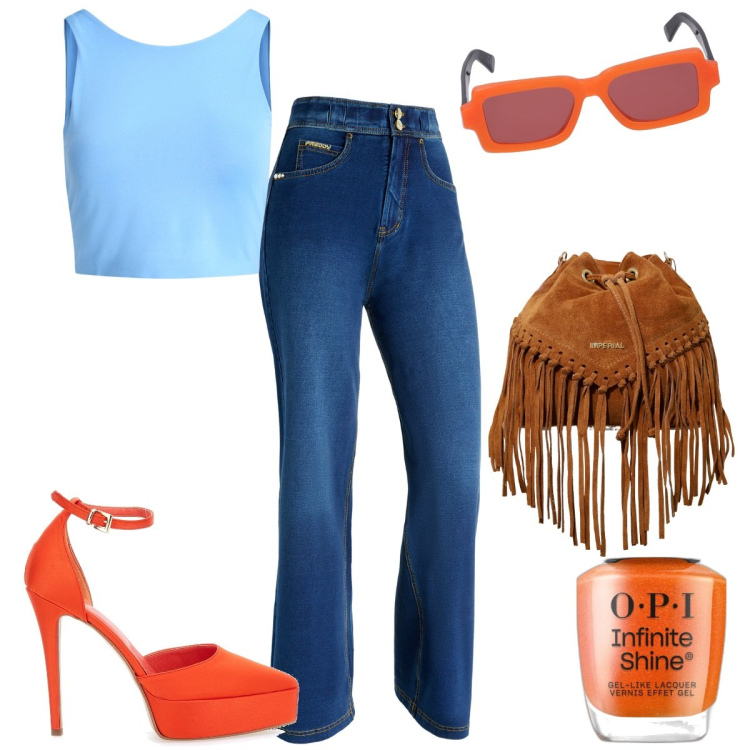 Outfit donna - Total look #1912901. Stile Casual chic per Tutti i giorni. Abbinamento con smalti, borse a secchiello, jeans, canottiere, décolleté, occhiali da sole.