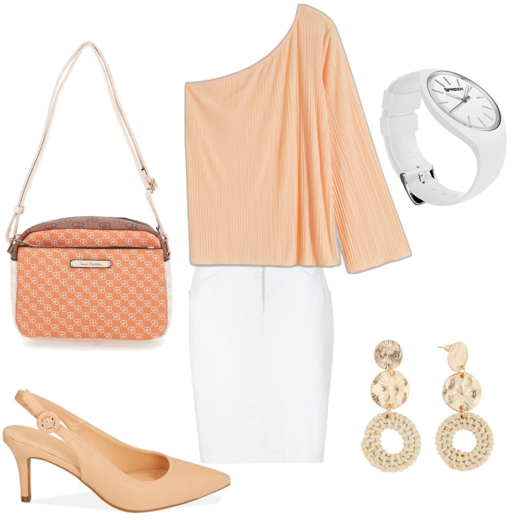 Outfit donna - La blusa monospalla. Stile Bon Ton per Tutti i giorni. look ideale per Petite. Abbinamento con gonne, orecchini, bluse, orologi, décolleté, borse a tracolla.