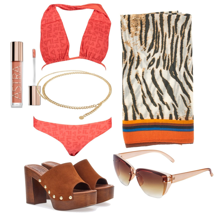 Outfit donna - Ghost outfitter - luglio. Stile Trendy per Mare. Abbinamento con occhiali da sole, cinture, gloss, vestiti da spiaggia, bikini, zoccoli.