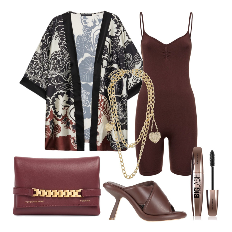 Outfit donna - Ghost outfitter - luglio. Stile Trendy per Serata fuori. Abbinamento con sandali in pelle, mascara, kimono, tuta corta, collane, pochette.