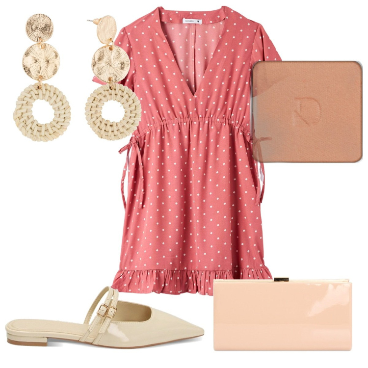 Outfit donna - Capi freschi per le serate: low cost. Stile Trendy per Serata fuori. Abbinamento con orecchini, ombretti, vestiti, sabot, pochette.