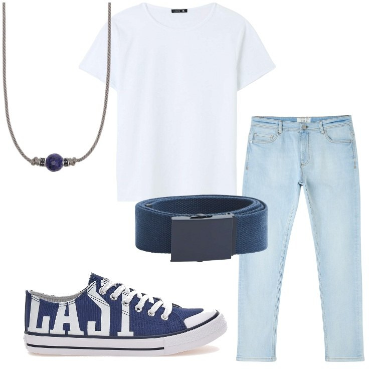 Outfit uomo - La t-shirt bianca. Stile Casual per Tutti i giorni. Abbinamento con jeans skinny, cinture, t-shirt, collane, sneakers.