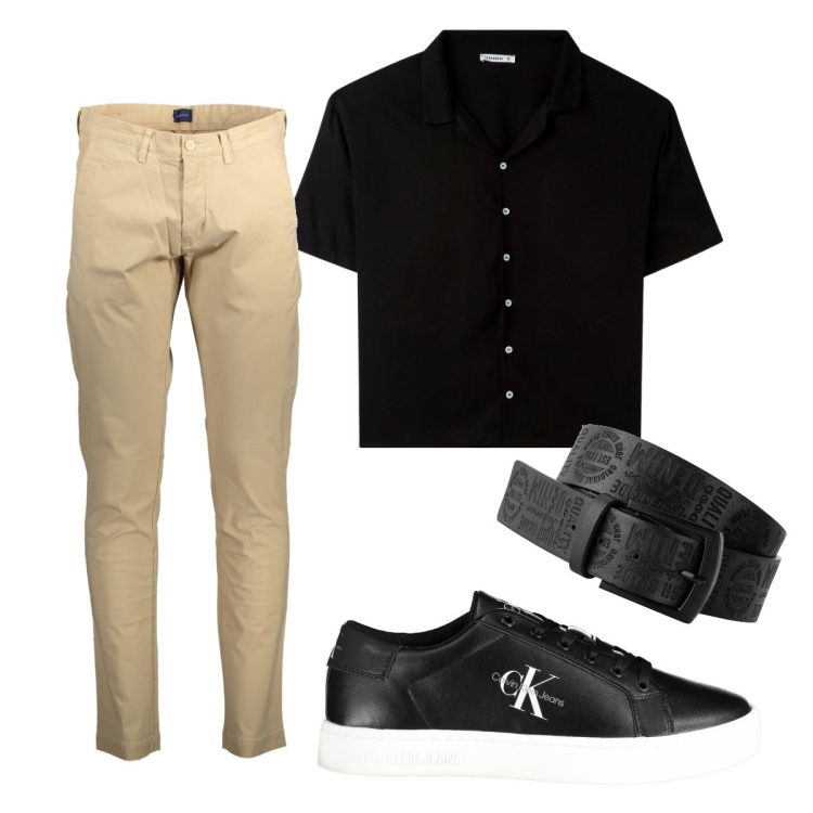 Outfit uomo - Serata romantica. Stile Casual per Serata speciale. Abbinamento con cinture, camicie a manica corta, sneakers, pantaloni.