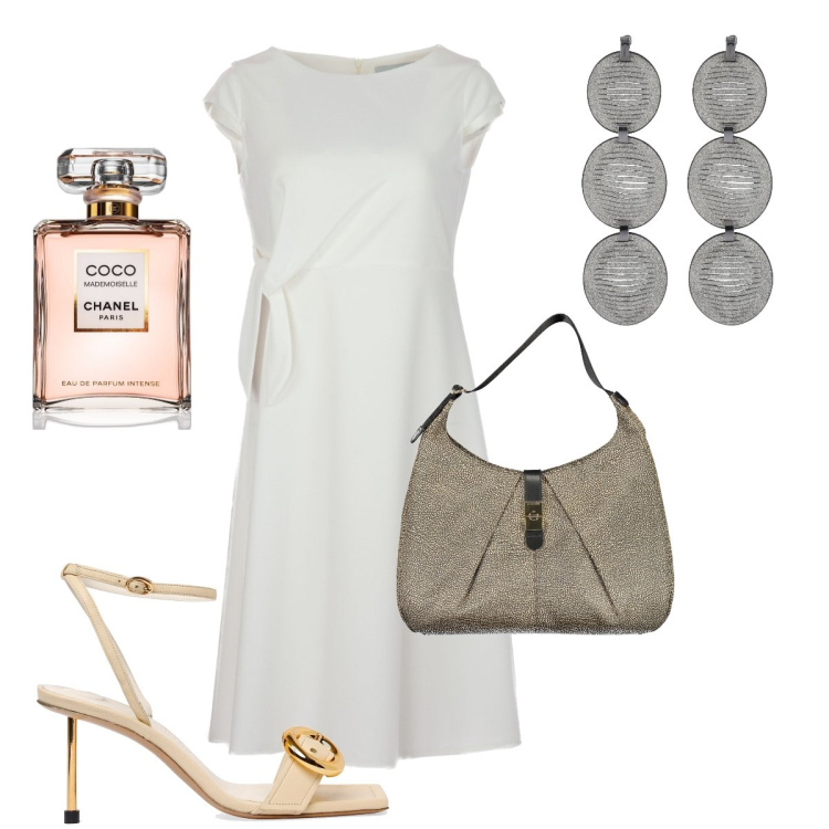 Outfit donna - Capi freschi per le serata. Stile Bon Ton per Serata fuori. Abbinamento con profumi, vestiti midi/longuette, borse a spalla, sandali in pelle, orecchini.