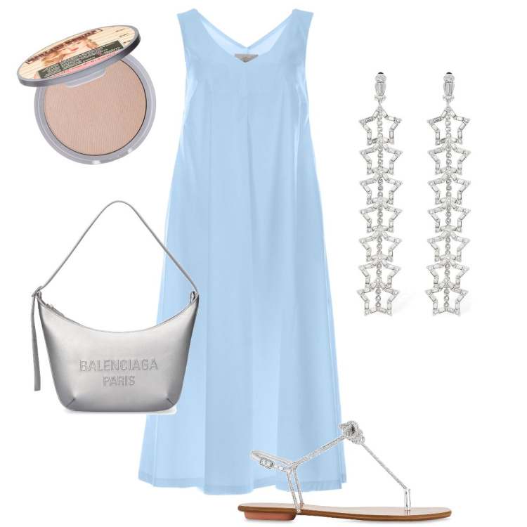 Outfit donna - Fresca per la sera. Stile Bon Ton per Serata fuori. Abbinamento con ombretti, vestiti lunghi, sandali in pelle, borse a spalla, orecchini.
