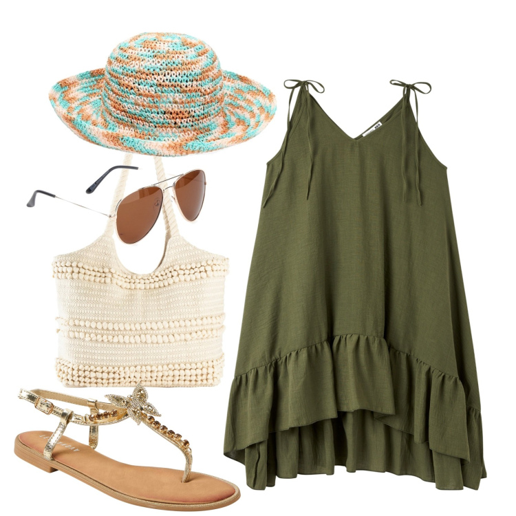 Outfit donna - Il cappello in rafia melange. Stile Bon Ton per Tutti i giorni. Abbinamento con shopping bag, vestiti lunghi, sandali gioiello, cappelli, occhiali da sole.