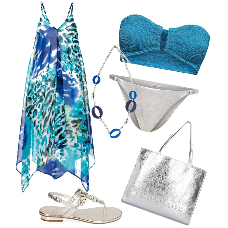 Outfit donna - Weekend al mare. Stile Chic per Mare. Abbinamento con vestiti da spiaggia, ciabatte, bikini, shopping bag, ciondoli, bikini.
