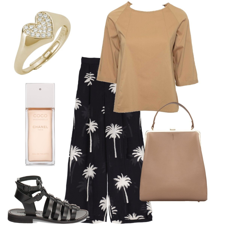 Outfit donna - Palme sui pantaloni. Stile Bon Ton per Serata fuori. Abbinamento con profumi, anelli, sandali, pantaloni a palazzo, borse a spalla, bluse.