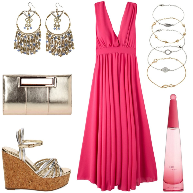 Outfit donna - Total look #1913017. Stile Glamour per Serata fuori. Abbinamento con braccialetti con ciondoli, profumi, vestiti lunghi, zeppe, pochette, orecchini.