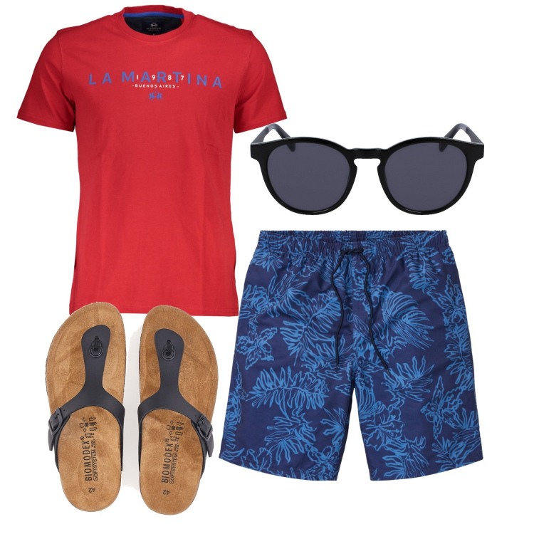Outfit uomo - Vacanziero. Stile Casual per Tutti i giorni. Abbinamento con pantaloni corti, t-shirt, occhiali da sole, sandali.