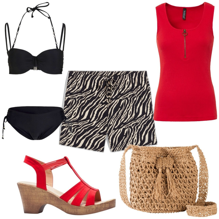Outfit donna - Zebra & rosso. Stile Trendy per Mare. Abbinamento con top, sandali, borse a tracolla, bikini, pantaloni corti.