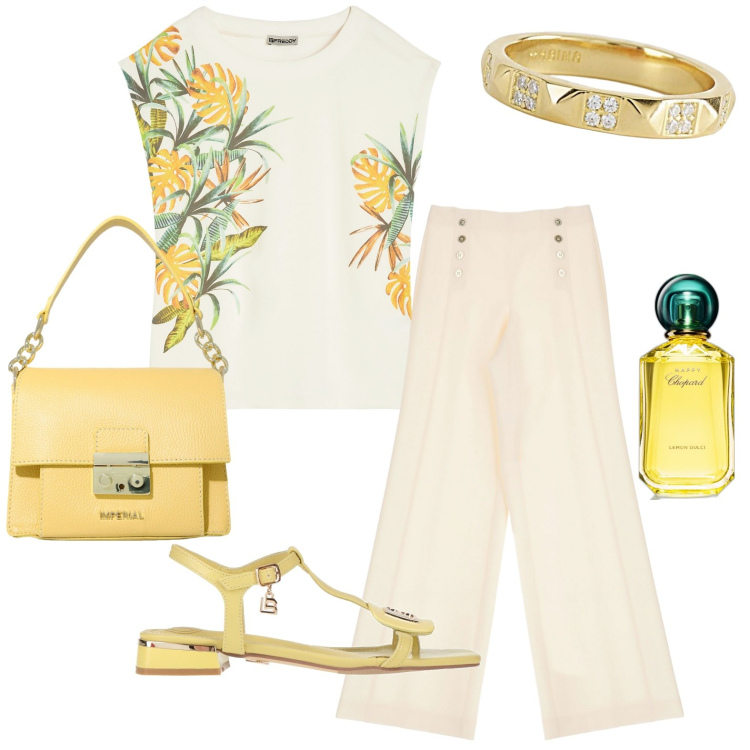 Outfit donna - Total look #1913029. Stile Casual per Ufficio. Abbinamento con sandali, profumi, anelli, pantaloni, pochette, t-shirt.