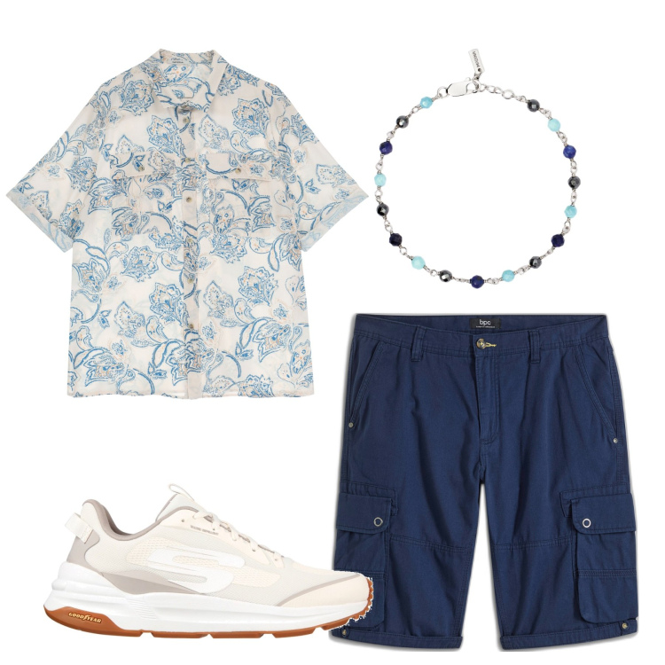 Outfit uomo - Cargo corti. Stile Casual per Tutti i giorni. Abbinamento con bermuda, braccialetti, camicie a manica corta, sneakers.