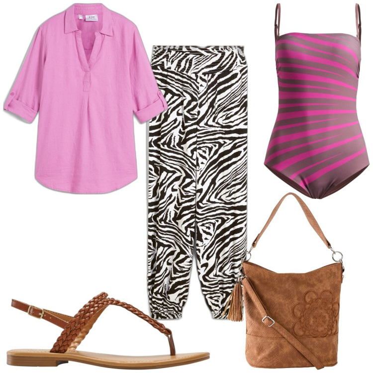 Outfit donna - Zebra & viola. Stile Trendy per Mare. Abbinamento con bluse, pantaloni a palazzo, borse a mano, costumi interi, ciabatte.