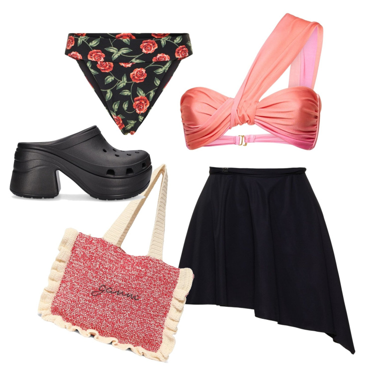Outfit donna - Tempo di vacanze. Stile Trendy per Mare. Abbinamento con zoccoli, bikini, minigonne, shopping bag, bikini.