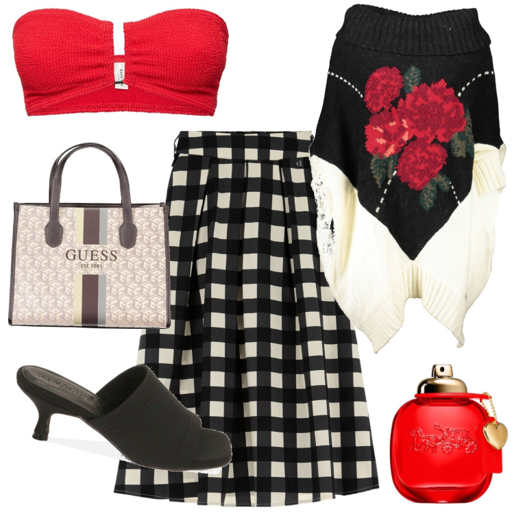 Outfit donna - Total look #1913038. Stile Casual per Tutti i giorni. Abbinamento con profumi, pantofole, gonne lunghe, maglieria, top, collane.