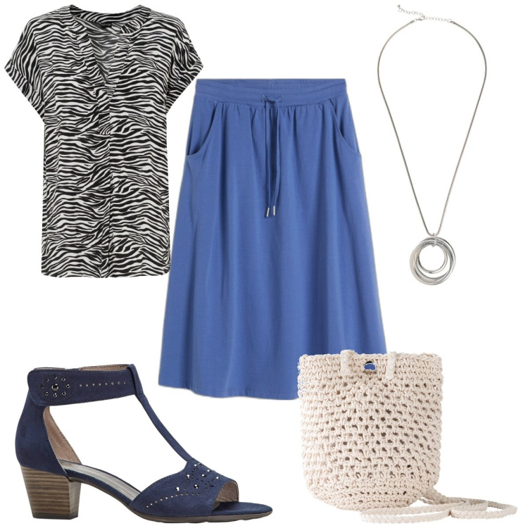 Outfit donna - Zebra e blu. Stile Trendy per Tutti i giorni. Abbinamento con bluse, gonne longuette, sandali col tacco, borse a tracolla, collane.