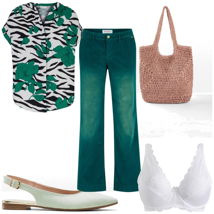 Outfit donna - Zebra e verde. Stile Trendy per Tutti i giorni. Abbinamento con pantaloni, ballerine, shopping bag, reggiseni, camicie.