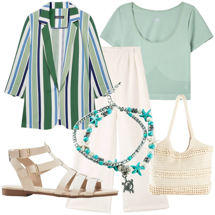 Outfit donna - Total look #1913042. Stile Casual per Tutti i giorni. Abbinamento con shopping bag, sandali, collane, pantaloni, t-shirt, blazer.